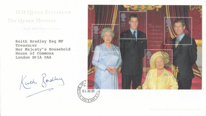 2000 (08) Queen Mother M/S - RM - House of Commons CDS - Signed by Keith Bradley MP