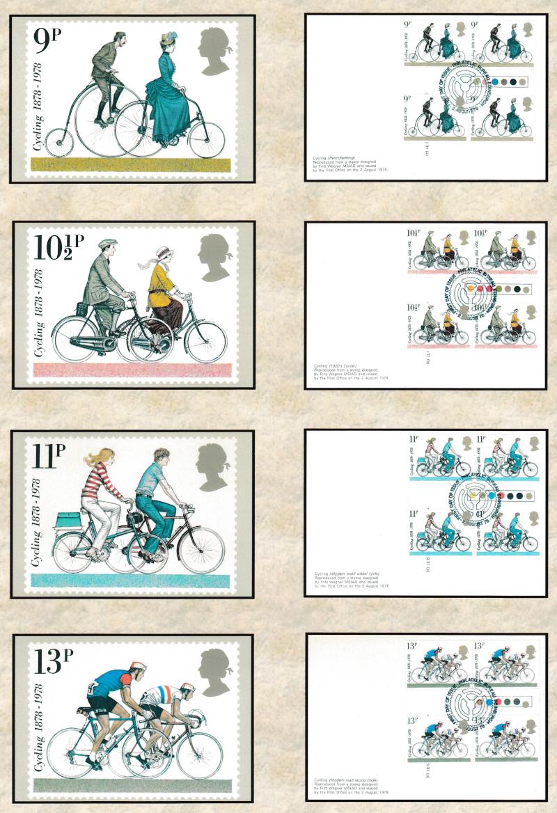 1978 (08) Cycling - PHQ Card Set - Blocks of Four Traffic Light Gutter Pairs on the Rear - Edinburgh H/S - 13p with the DROPPED QUEEN'S HEAD ERROR