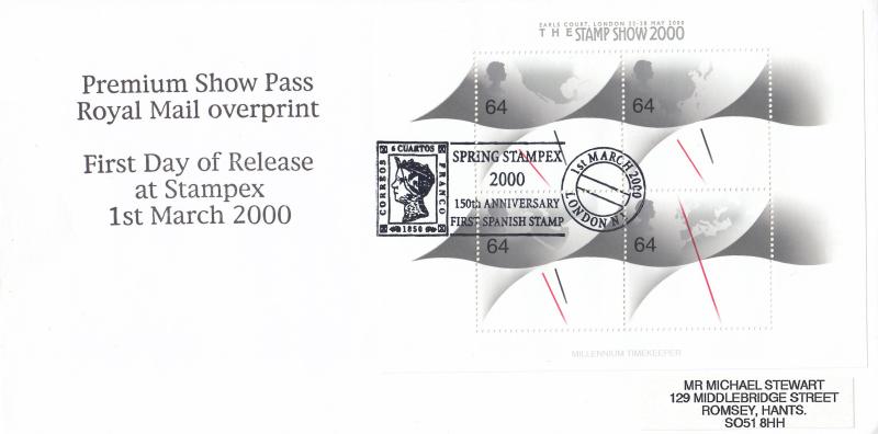 2000 (03) Stamp Show 2000 Millennium Timekeepers Overprinted M/S - Text Cover - Spring Stampex H/S