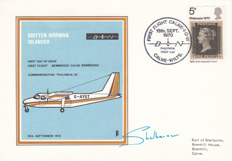 1970 (09) Philympia - Britten Norman Islander (BNI) 'Calne' Official - Signed By the Earl of Shelburne