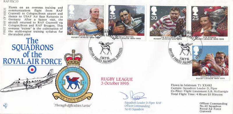 1995 (10) Rugby League - RAF FDC 33 - No 45 Squadron BF2481PS Official