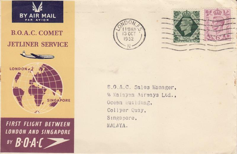 1952 (10) BOAC Comet First Flight - London to Singapore - London FS Wavy Line Slogan