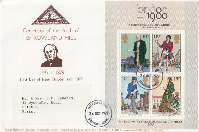 1979 (10) Rowland Hill (M/S) - North Herts Stamp Club Cover - Stevenage FDI