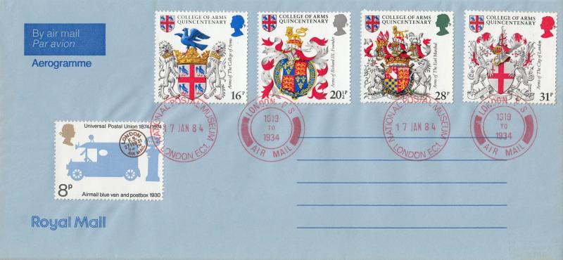 1984 (01) Heraldry - Royal Mail Aerogramme - National Postal Museum London F.S. Air Mail H/S