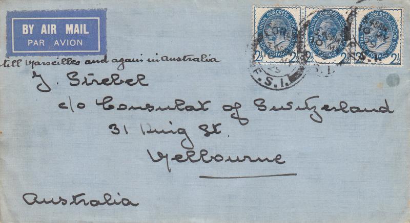 1929 (05) Postal Union Congress - 3 x 2½d Values - Plain - London FS 1 CDS