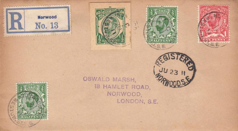 1911 (06) Downey Head ½d Green & 1d Red - Oswald Marsh Cover - Norwood CDS + the ½d Green  from the Postal Stationery also added