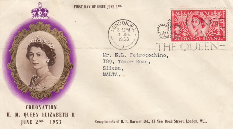 1953 (06) Coronation - Purple & Gold Cover - London W1 Long Live The Queen Slogan - With Harmers Overprint