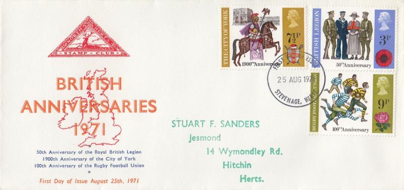 1971 (08) Anniversaries - North Herts Stamp Club Cover - Stevenage FDI