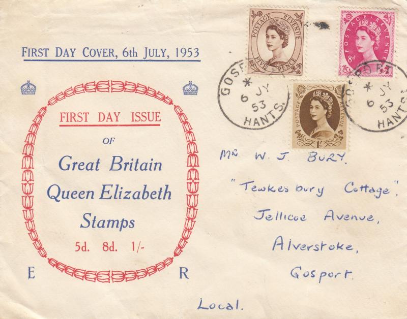 1953 (07) 5d + 8d + 1/- Definitives - Illustrated 'Blue & Red' cover - Gosport CDS