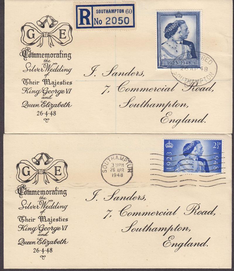 1948 (04) Silver Wedding - Pair of Matching Sanders B&W 'Text & Bells' Image Covers - Southampton CDS + Slogan
