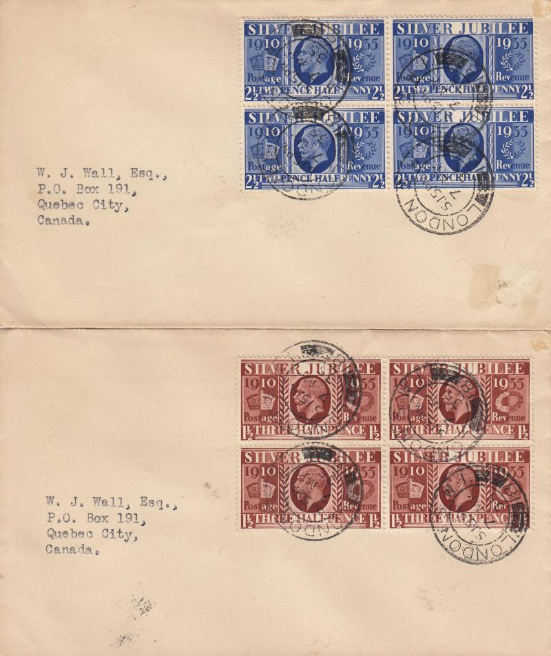 1935 (05) Silver Jubilee - Pair of Plain Covers - Blocks of Four - London W1 CDS