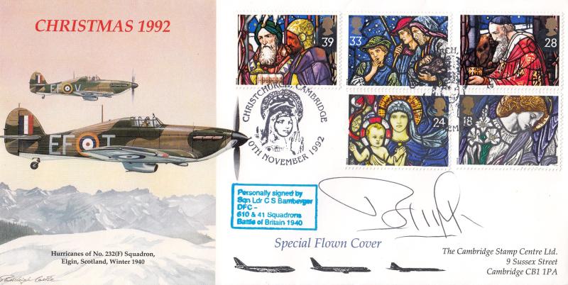 1992 (11) Christmas - Cambridge Stamp Centre 'Hurricane 232(F) Squadron Special' - Signed by Squadron Leader Cyril Stanley Bamberger DFC*