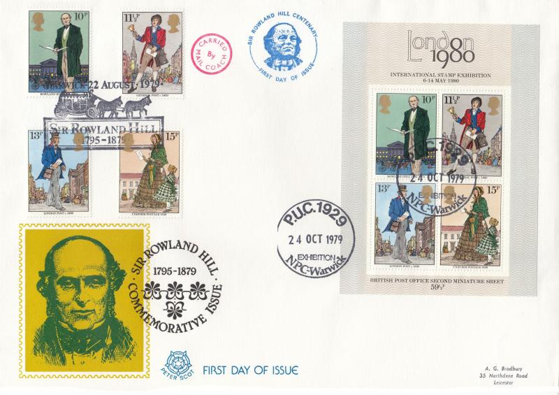 1979 (08) Rowland Hill (Stamps & M/S) - Peter Scot 'Double' Cover - Warwick (Coach) H/S & PUC Warwick Exhibition H/S