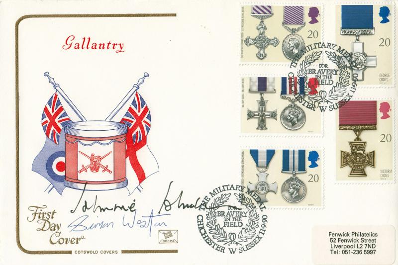 1990 (09) Gallantry - Cotswold - Military Medal, Chichester H/S - Double Signed by Air Vice Marshall Johnnie Johnson & Simon Weston
