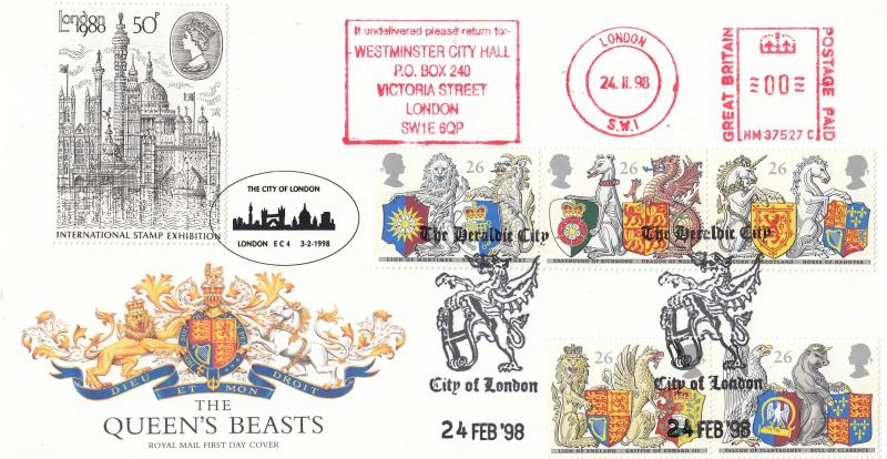 1998 (02) Queen's Beasts - RM - Heraldic City, City of London H/S + Westminster City Hall Meter Mark