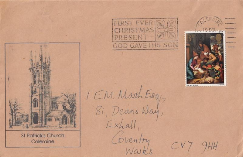 1967 (11) Christmas (3d) - St Patrick's Church, Coleraine Cover - First Ever Christmas Present Slogan