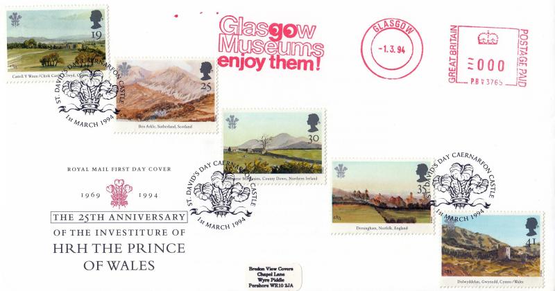 1994 (03) Prince of Wales Paintings - RM - Caernarfon Castle H/S + Glasgow Museums Meter Mark
