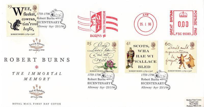 1996 (01) Robert Burns - RM - Alloway (Mouse) H/S + Burns 96 International Festival Meter Mark