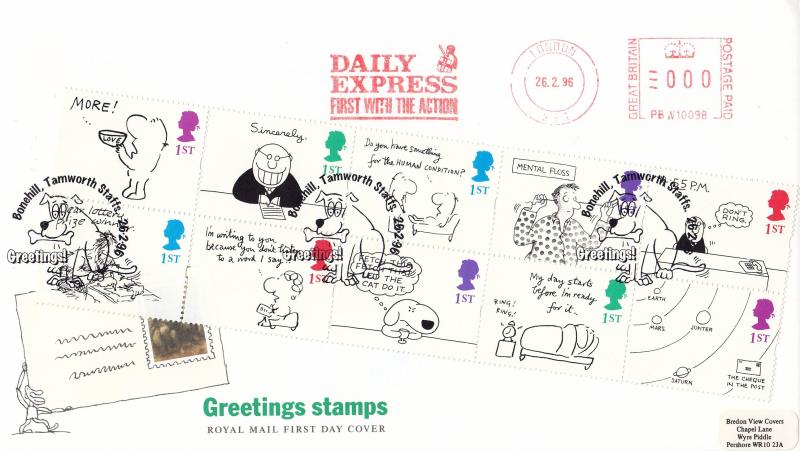 1996 (02) Greetings - RM - Bonehill H/S + Daily Express Meter Mark
