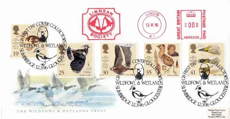1996 (03) Wildfowl & Wetlands Trust (WWT) - RM - GB First Day Cover Collectors, Slimbridge H/S + Linnean Society Meter Mark