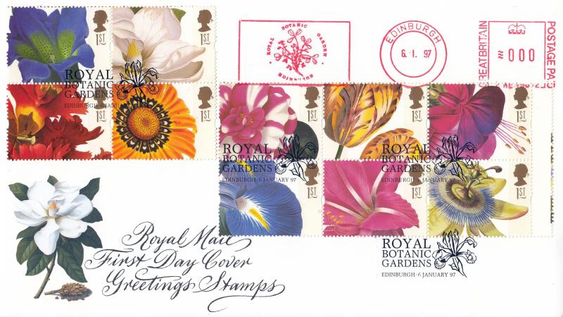 1997 (01) Greetings - RM - Royal Botanical Gardens, Edinburgh H/S + Royal Botanical Gardens, Edinburgh Meter Mark
