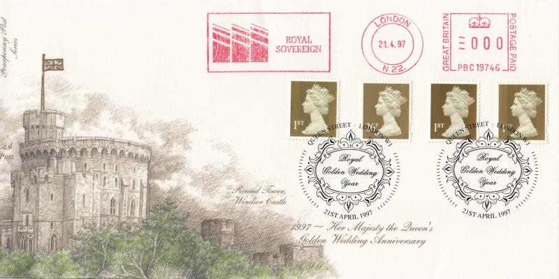 1997 (04) Golden Wedding Definitives - 4d Post - Queen Street, London W1 H/S + Royal Sovereign Meter Mark