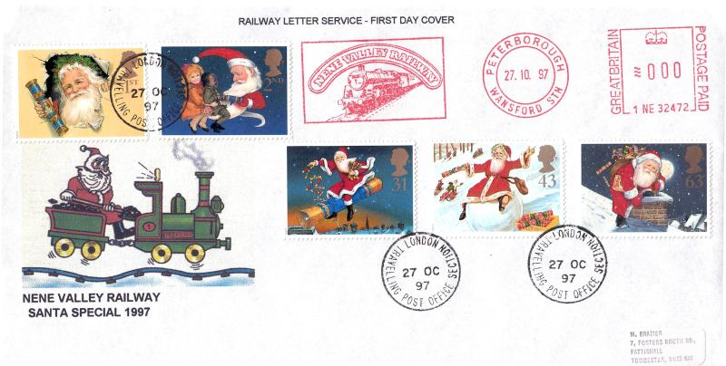 1997 (10) Christmas - Nene Valley Railway 'Santa Special' Cover - Travelling Post Office, London Section CDS + Nene Valley Railway Meter Mark