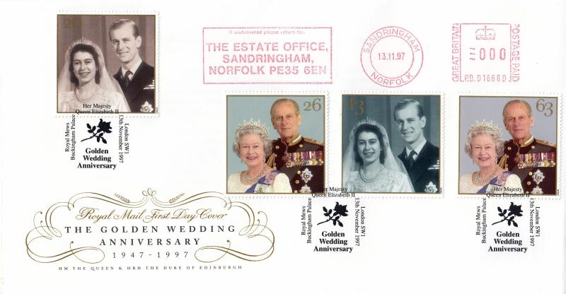 1997 (11) Golden Wedding - RM - Royal Mews, Buckingham Palace H/S + The Estate Office Sandringham Meter Mark