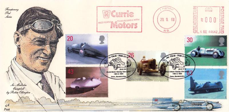1998 (09) Speed - 4d Post cover - Jim Clark, World Motor Racing Champion H/S + Currie Motors Meter Mark