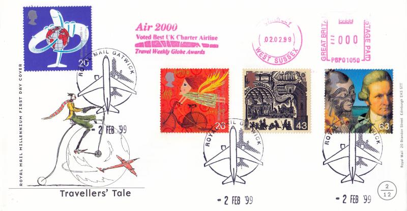 1999 (02) Travellers - RM - Gatwick Airport Philatelic Counter H/S + Air 2000 Meter Mark