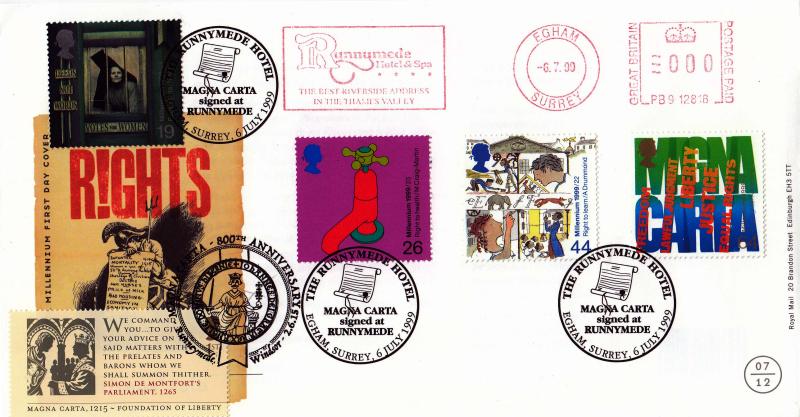 1999 (07) Settlers - RM - Magna Carta, Egham H/S + Runnymede Hotel & Spa Meter Mark - Doubled 2015 Magna Carta Stamp & Runnymede H/S