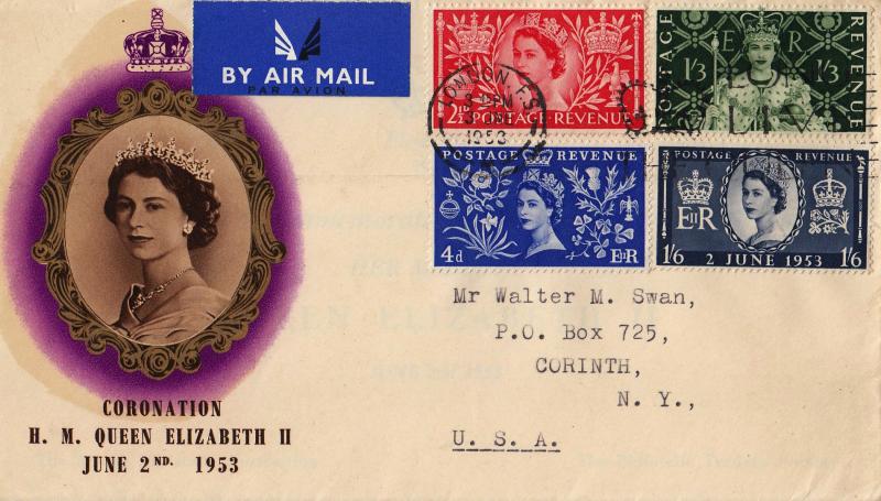 1953 (06) Coronation - Purple & Gold Cover - London F.S. (Foreign Section) Long Live The Queen Slogan