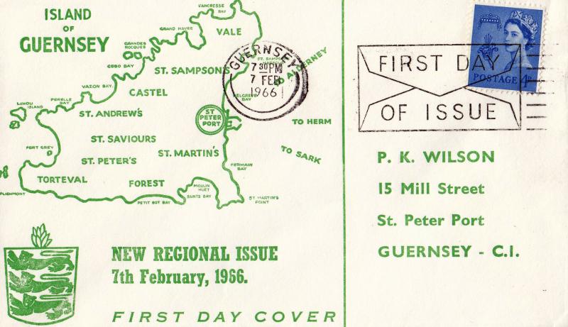 1966 (02) Guernsey 4d - Green 'Map' Cover - Guernsey FDI 'Envelope' Slogan