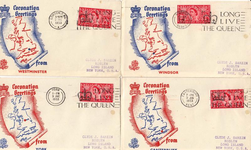 1953 (06) Coronation - UK 'Map' Covers x 4 - 2½d - Long Live The Queen Slogan's