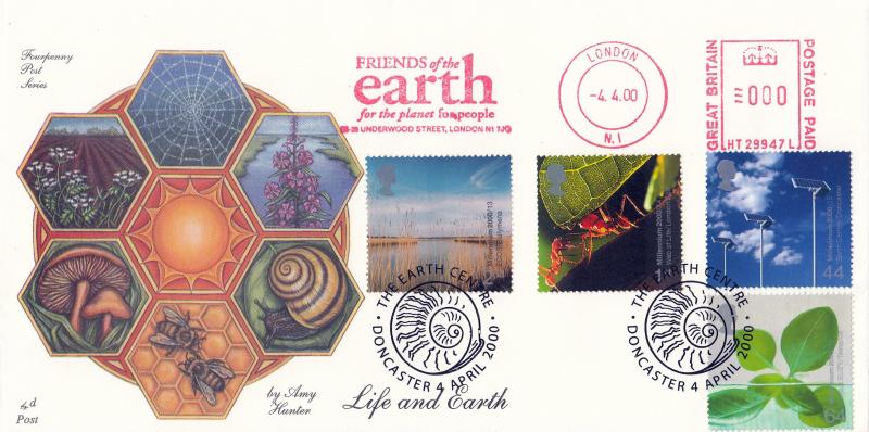 2000 (04) Life & Earth - 4d Post - The Earth Centre H/S + Friends of the Earth Meter Mark