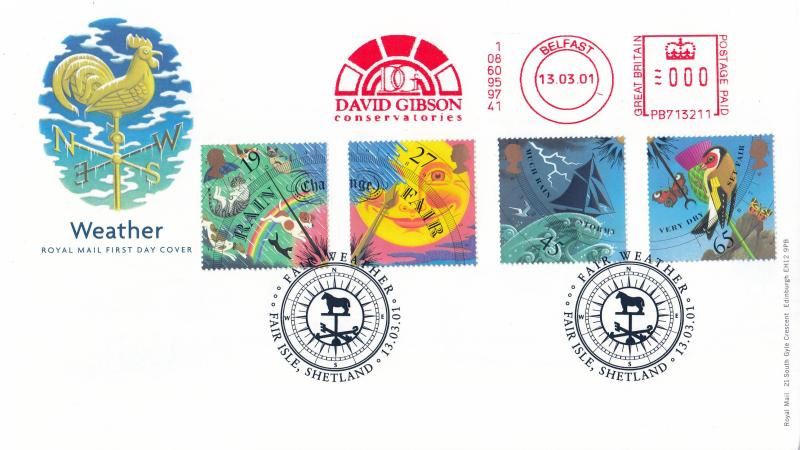 2001 (03) Weather (Stamps) - RM - Fair Isle H/S + David Gibson Conservatories Meter Mark