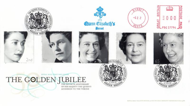 2002 (02) Golden Jubilee - RM - Windsor (Coat of Arms) H/S + 1573 Queen Elizabeth's, Barnet Meter Mark