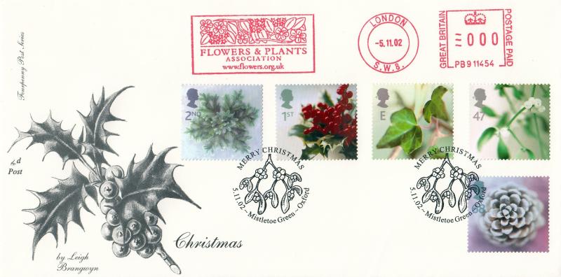 2002 (11) Christmas - 4d Post - Mistletoe Green H/S + Flowers & Plants Association Meter Mark
