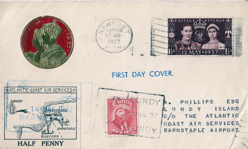 1937 (05) Coronation - Red Label Cover - Newport Wavy Line Slogan - With Lundy Atlantic Coast Air Services Stamp & Cachet