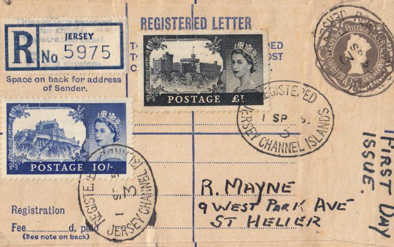 1955 (09) 10/- & £1 Castle High's - 8½d Slate Registered Letter - Jersey (Oval) CDS