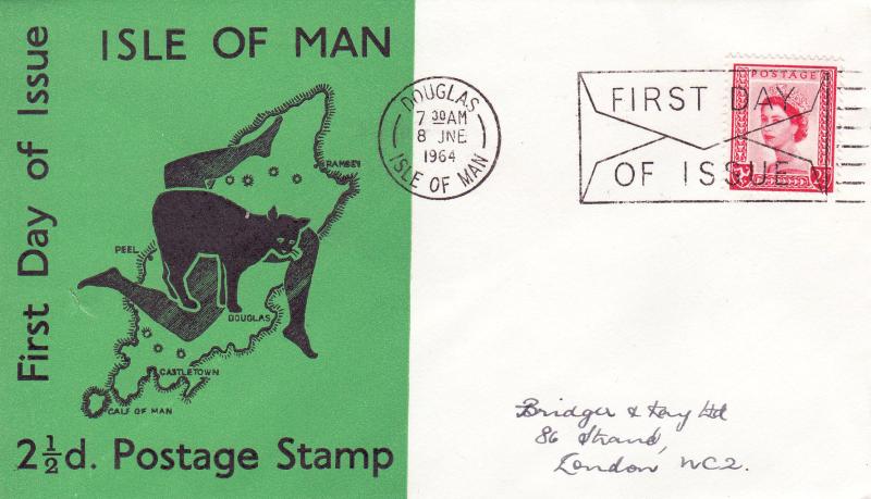 1964 (06) Isle of Man 2½d - Green 'Map' Cover - Douglas FDI 'Envelope' Slogan