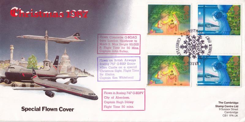 1987 (11) Christmas - Cambridge 'Special Flown Cover - 13p+18p Gutter Pairs - Flown THREE Times - Christleton H/S