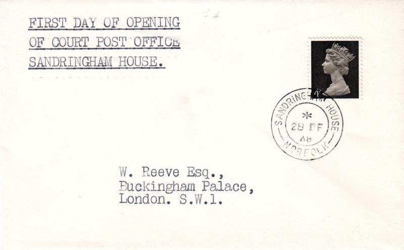 1968 (12) Sandringham House Court Post Office Opening Day Cover - Sandringham House CDS