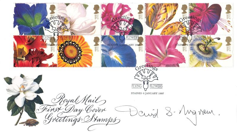 1997 (01) Greetings - RM - Flying Flowers H/S - Signed David Ingram