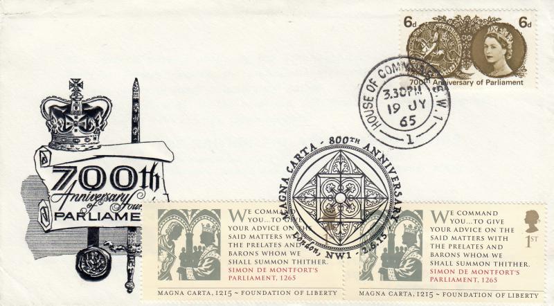 1965 (07) Parliament - B&W Crown & Sword Cover - Phosphor 6d - House of Commons CDS - Doubled 2015 Magna Carta