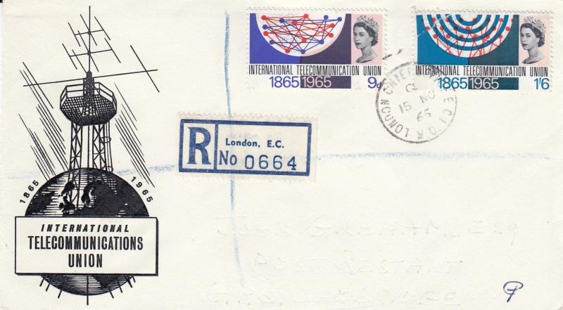 1965 (11) ITU - B&W 'Aerial Mast & Globe' Cover - Phosphor - London Chief Office CDS