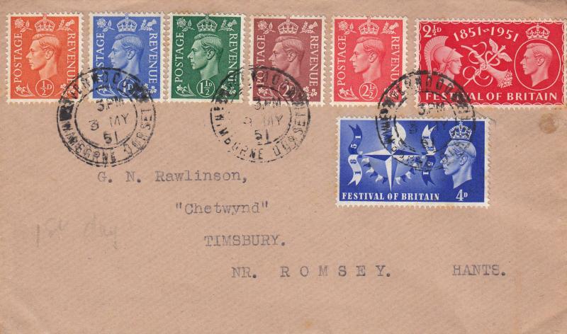 1951 (05) Festivals + Definitives - Plain - Wimborne CDS