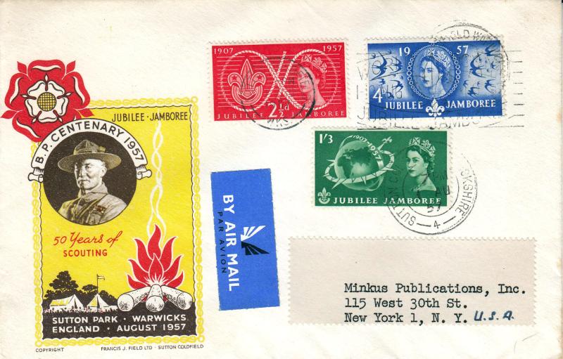 1957 (08) Scouts - Francis J Field 'Yellow' Cover - World Scout Jamboree Slogan + Sutton Coldfield CDS