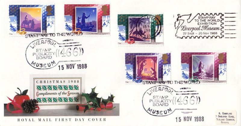 1988 (11) Christmas - RM - Stampway To The World Exhibition, Liverpool Museum H/S + Stampway To The World Exhibition, Liverpool Museum Slogan