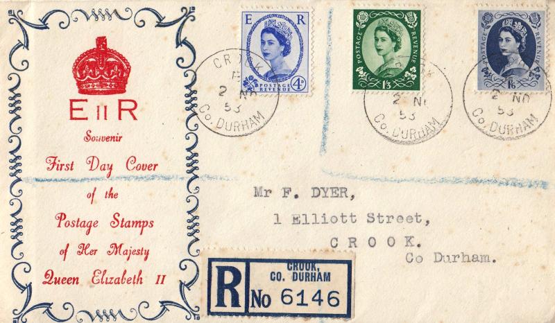 1953 (11) 4d + 1/3d + 1/6d Definitives - 'Red Crown' Cover - Crook CDS